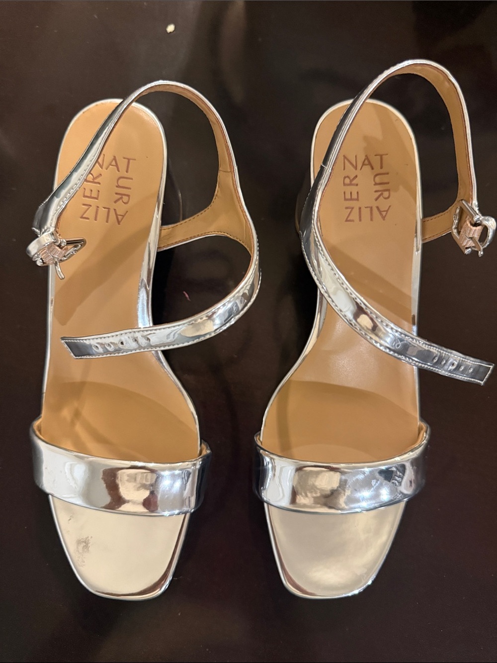 Stuart Weitzman Metallic Silver Leather Slingback Sandals